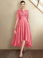Sheath/Column V-Neck Tea-Length Mother of the Bride Dresses by Dreamylily