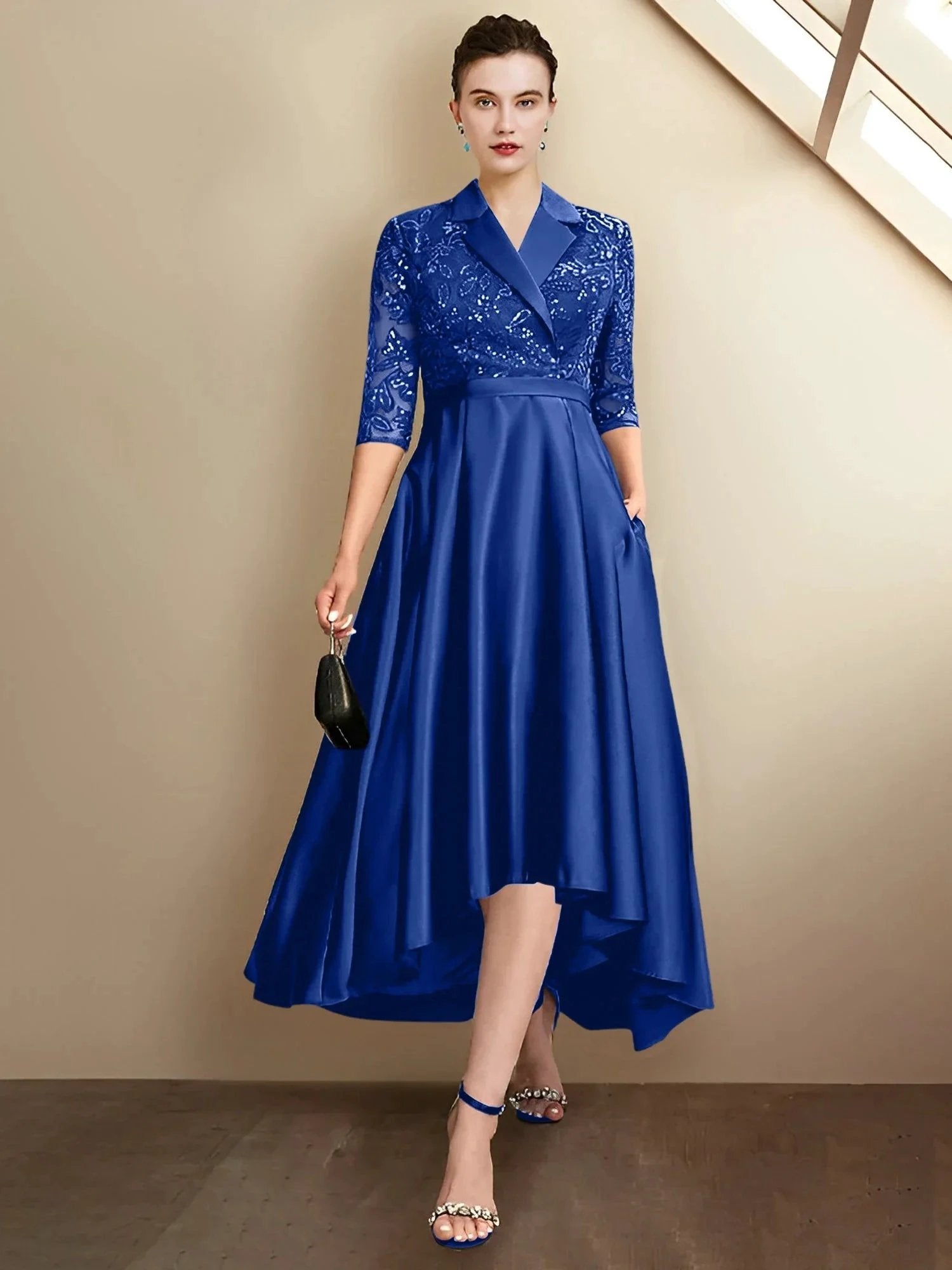 Sheath/Column V-Neck Tea-Length Mother of the Bride Dresses by Dreamylily