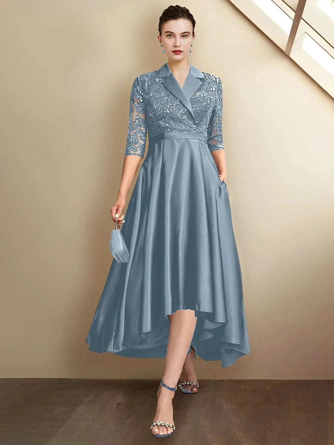 Sheath/Column V-Neck Tea-Length Mother of the Bride Dresses by Dreamylily