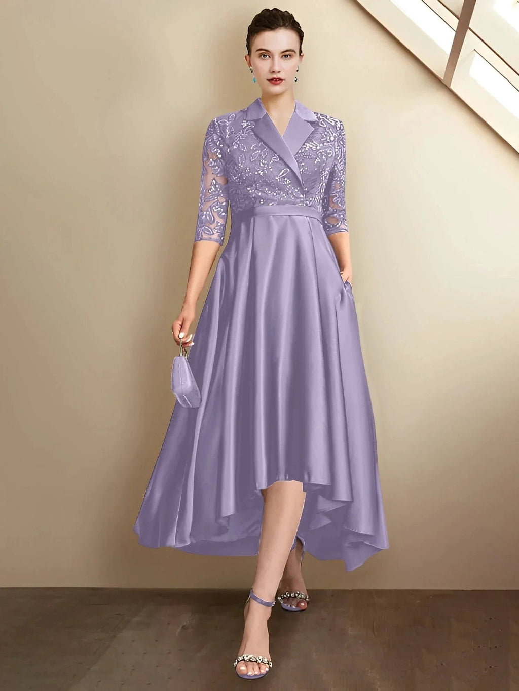Sheath/Column V-Neck Tea-Length Mother of the Bride Dresses by Dreamylily