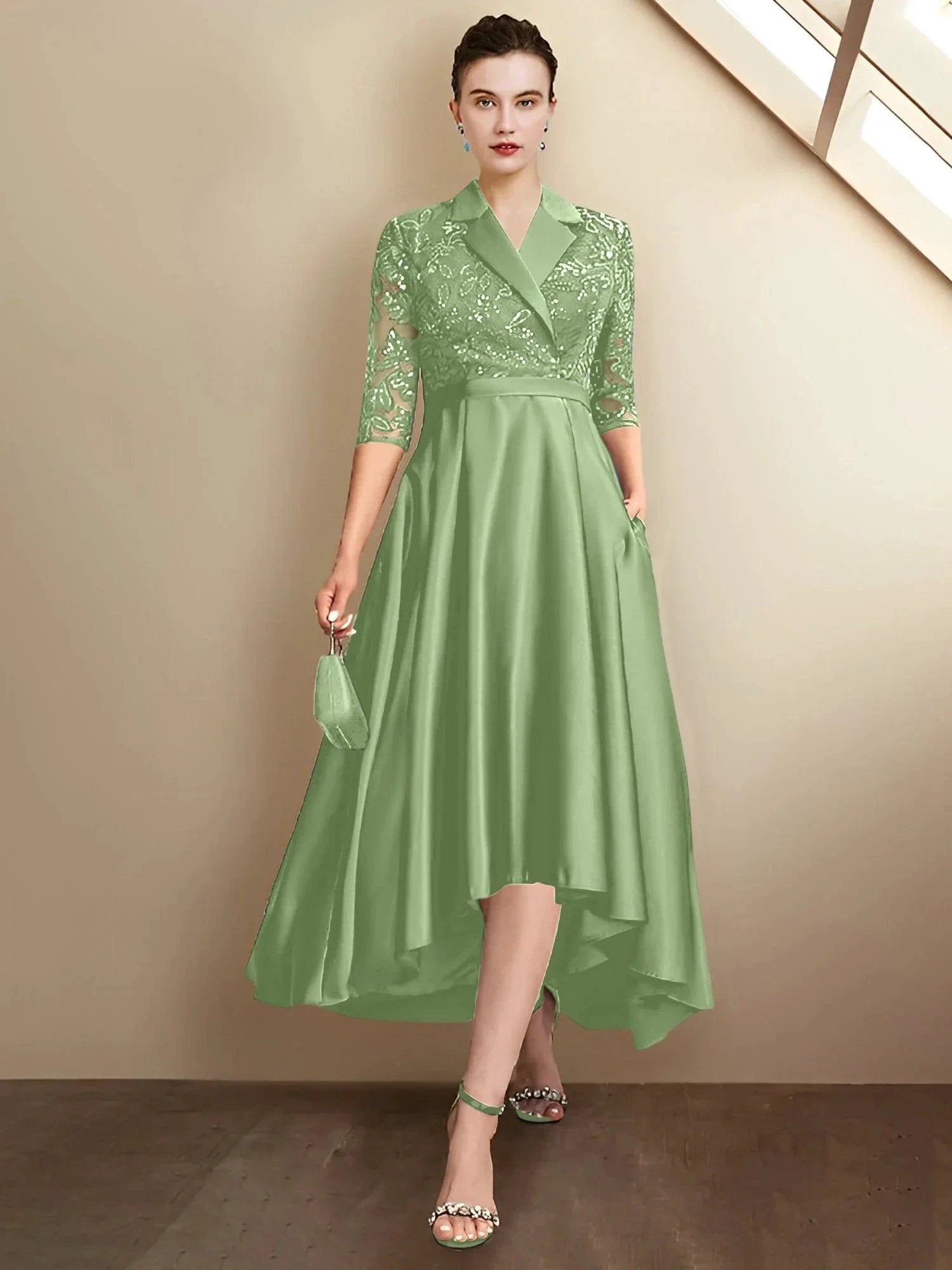 Sheath/Column V-Neck Tea-Length Mother of the Bride Dresses by Dreamylily
