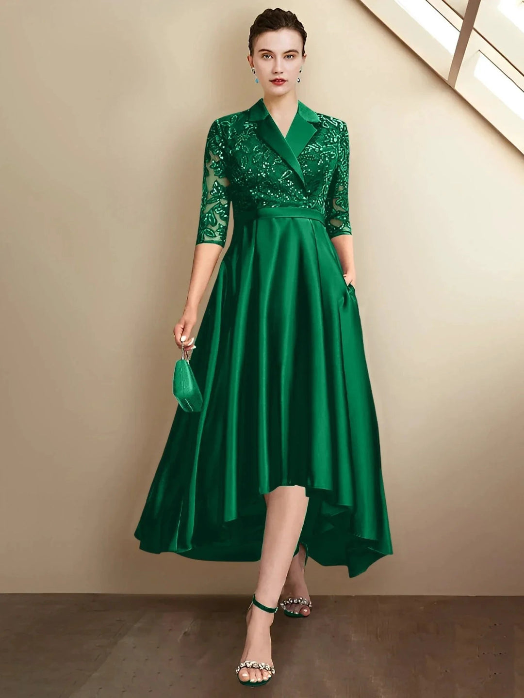Sheath/Column V-Neck Tea-Length Mother of the Bride Dresses by Dreamylily