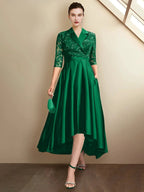 Sheath/Column V-Neck Tea-Length Mother of the Bride Dresses by Dreamylily
