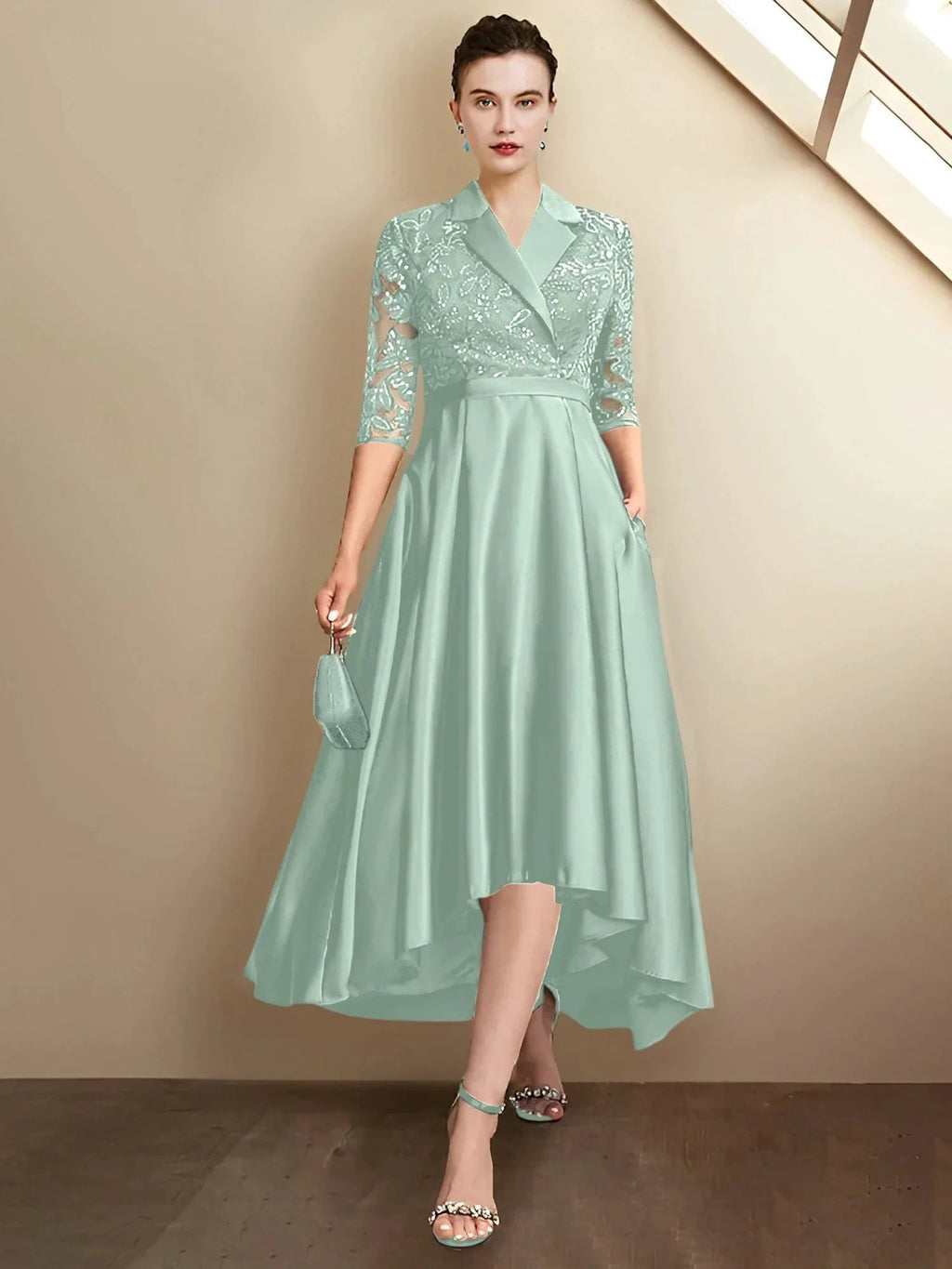 Sheath/Column V-Neck Tea-Length Mother of the Bride Dresses by Dreamylily