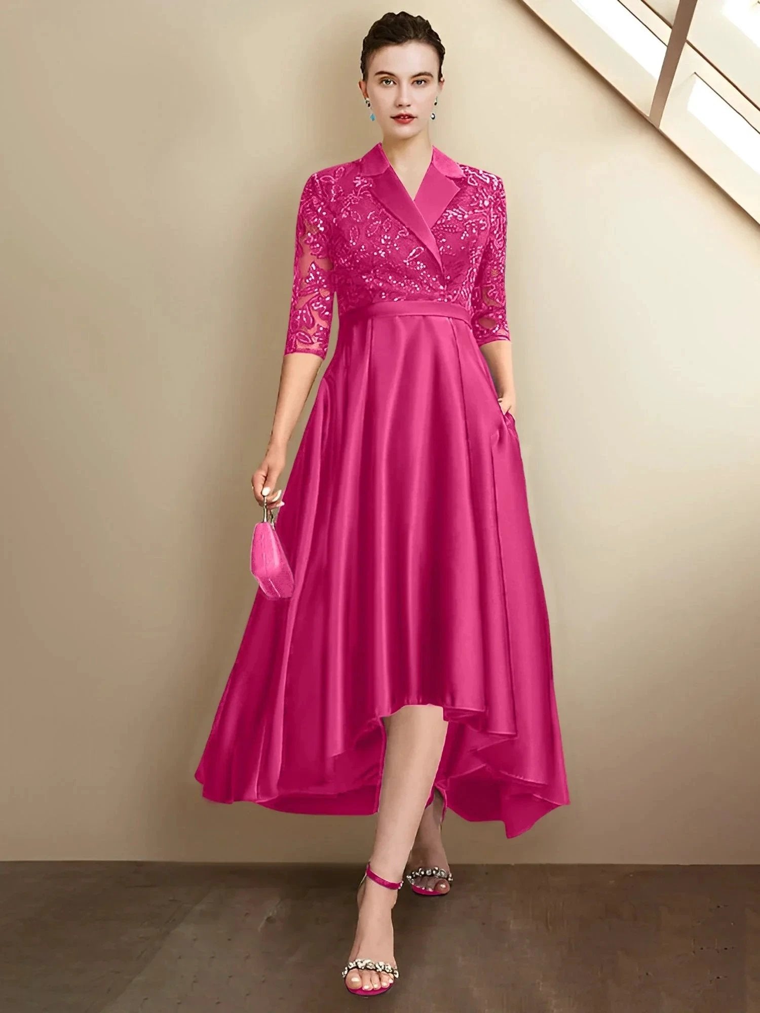 Sheath/Column V-Neck Tea-Length Mother of the Bride Dresses by Dreamylily