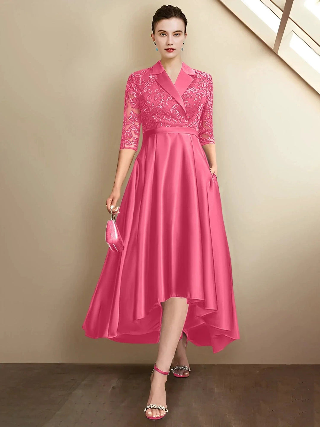 Sheath/Column V-Neck Tea-Length Mother of the Bride Dresses by Dreamylily