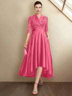 Sheath/Column V-Neck Tea-Length Mother of the Bride Dresses by Dreamylily