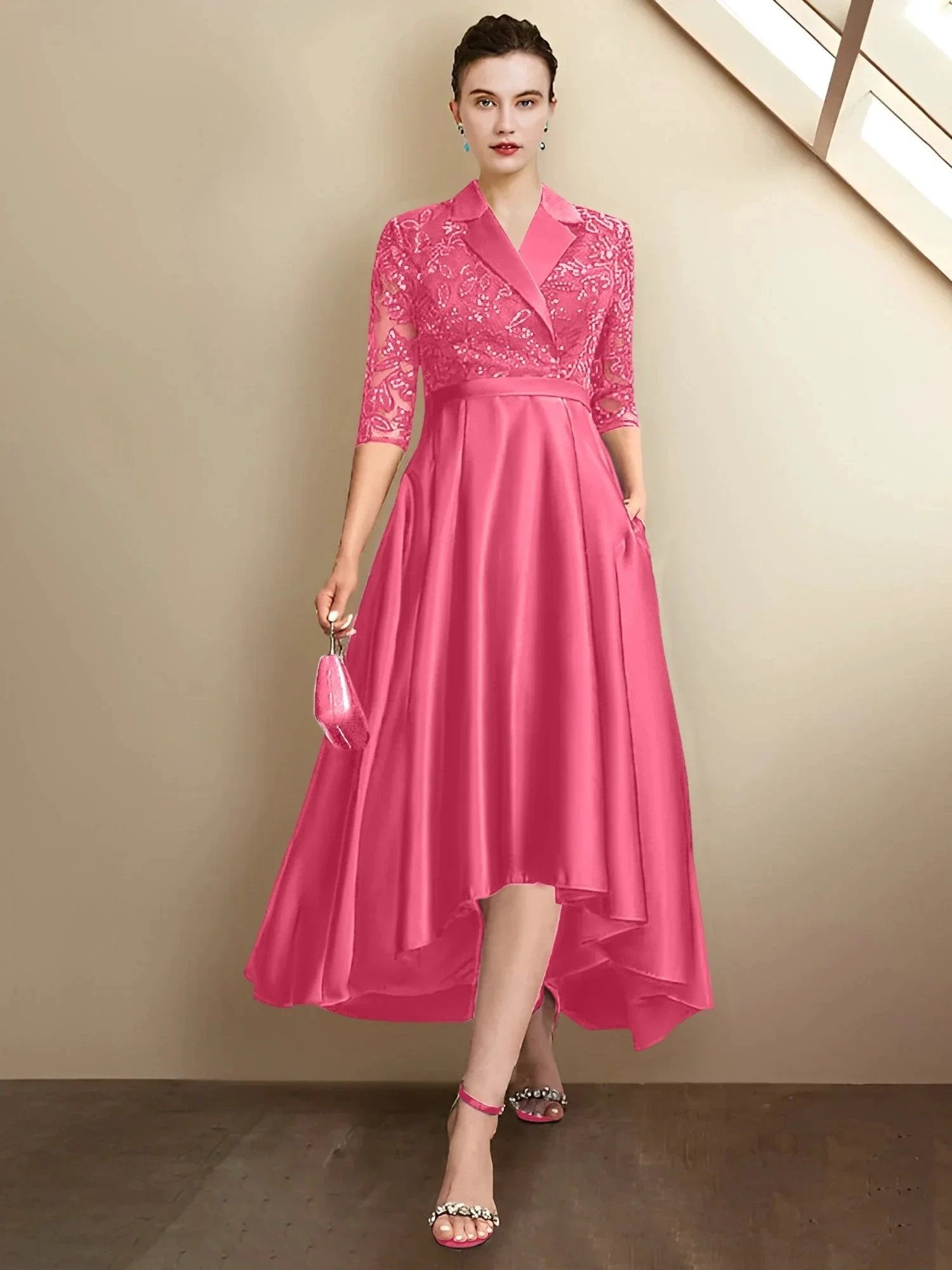 Sheath/Column V-Neck Tea-Length Mother of the Bride Dresses by Dreamylily