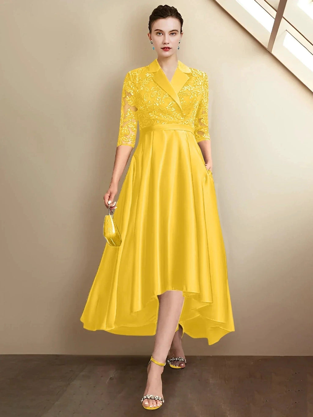 Sheath/Column V-Neck Tea-Length Mother of the Bride Dresses by Dreamylily