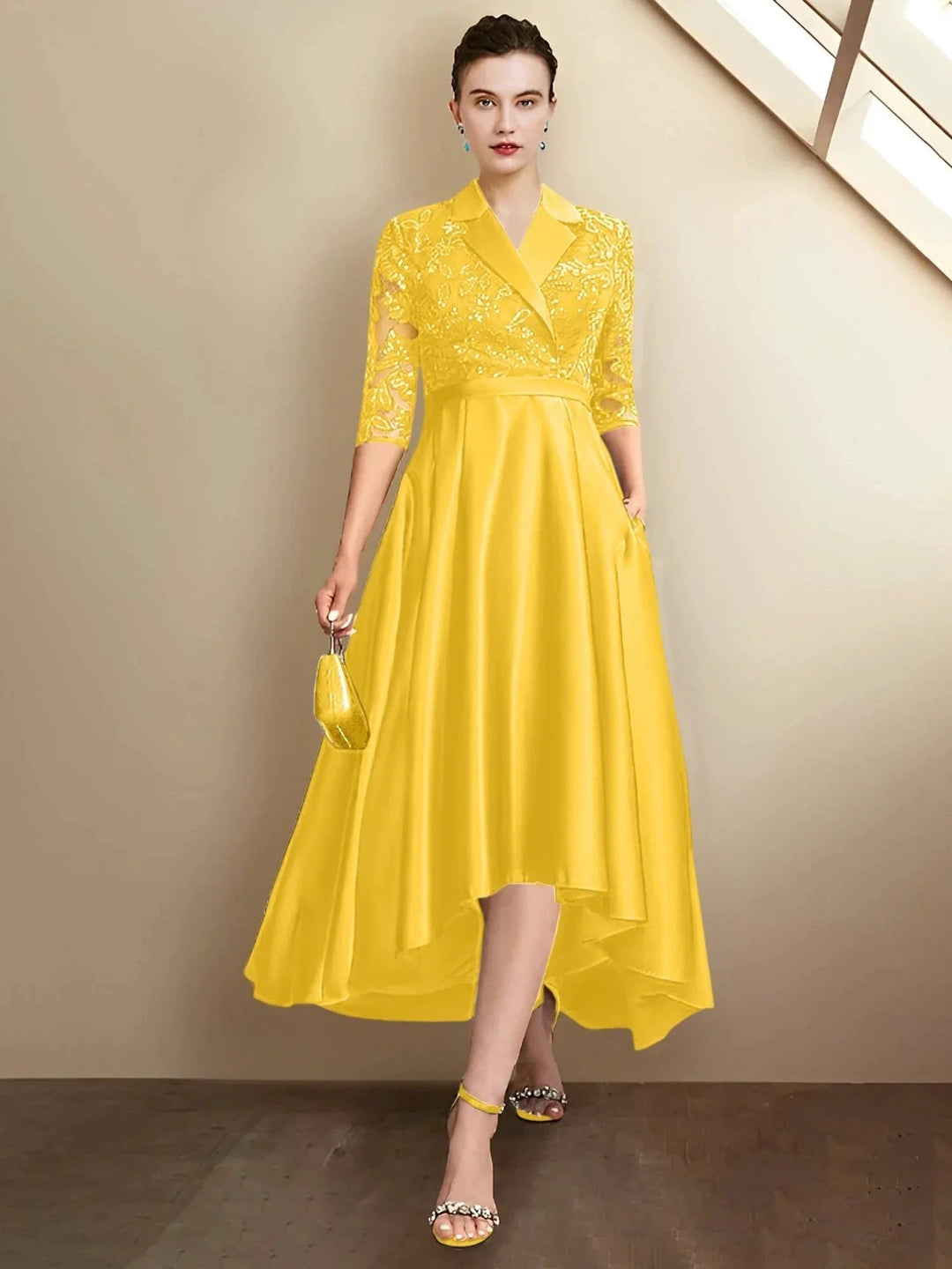 Sheath/Column V-Neck Tea-Length Mother of the Bride Dresses by Dreamylily