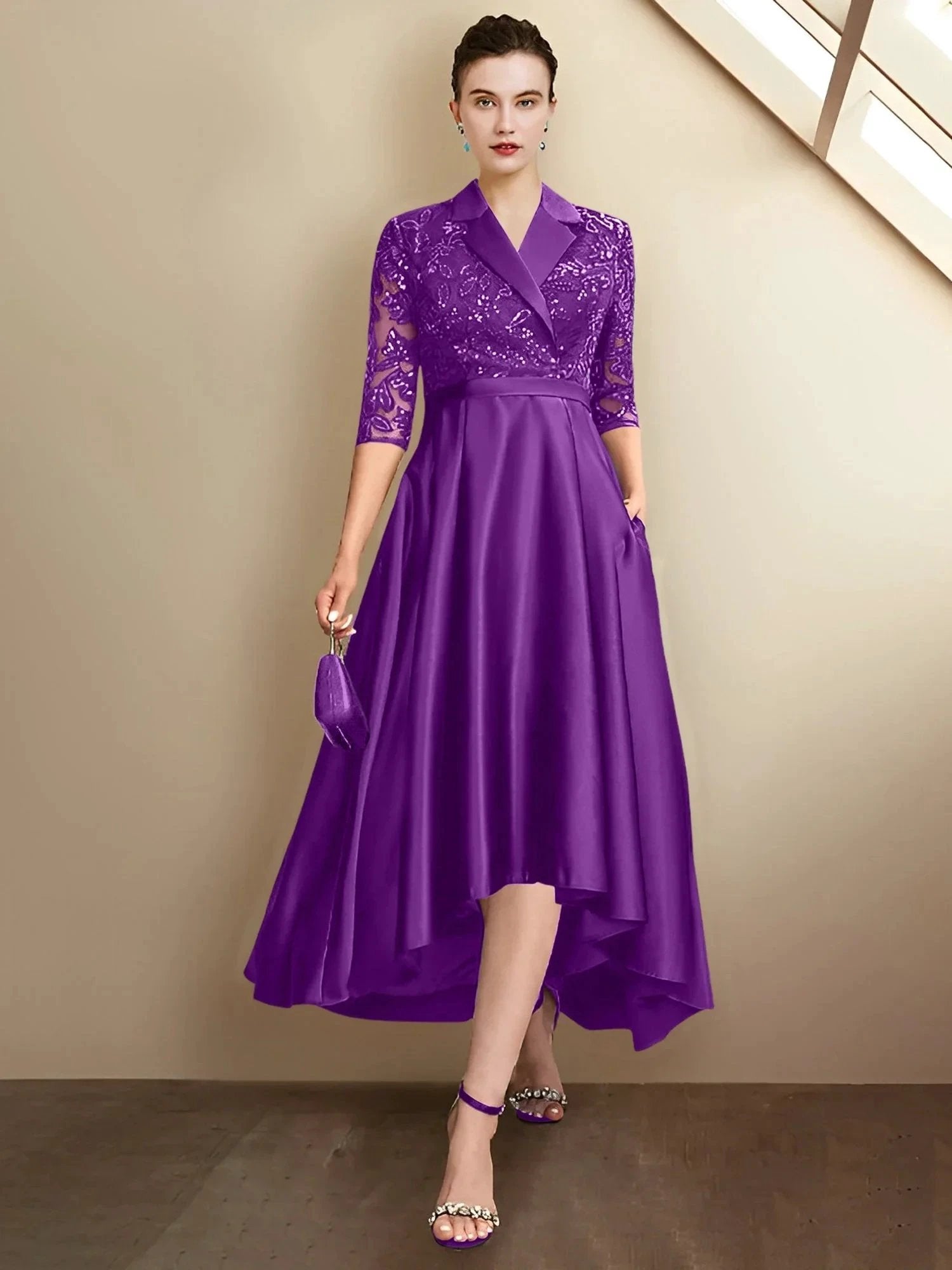Sheath/Column V-Neck Tea-Length Mother of the Bride Dresses by Dreamylily