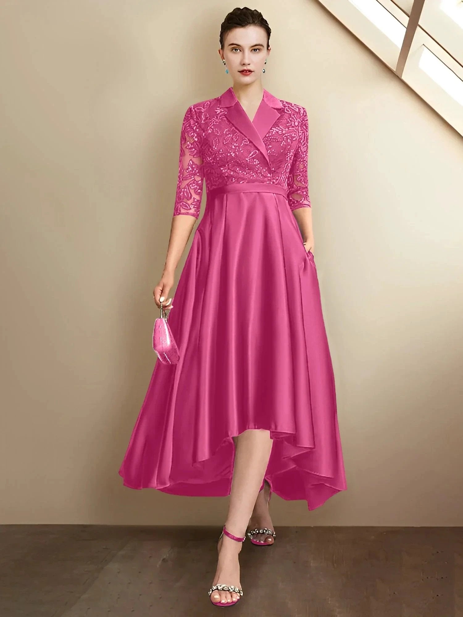 Sheath/Column V-Neck Tea-Length Mother of the Bride Dresses by Dreamylily