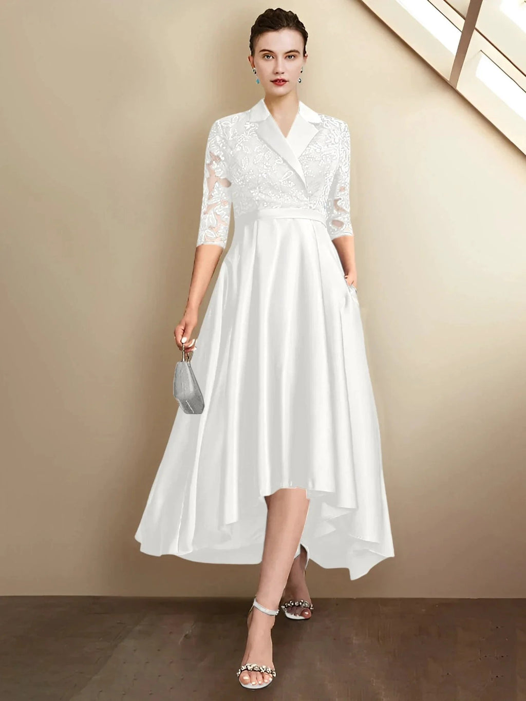 Robes de mère de la mariée à col en V, longueur thé, coupe fourreau/colonne