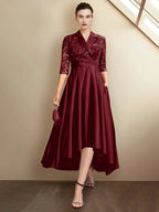 Sheath/Column V-Neck Tea-Length Mother of the Bride Dresses by Dreamylily