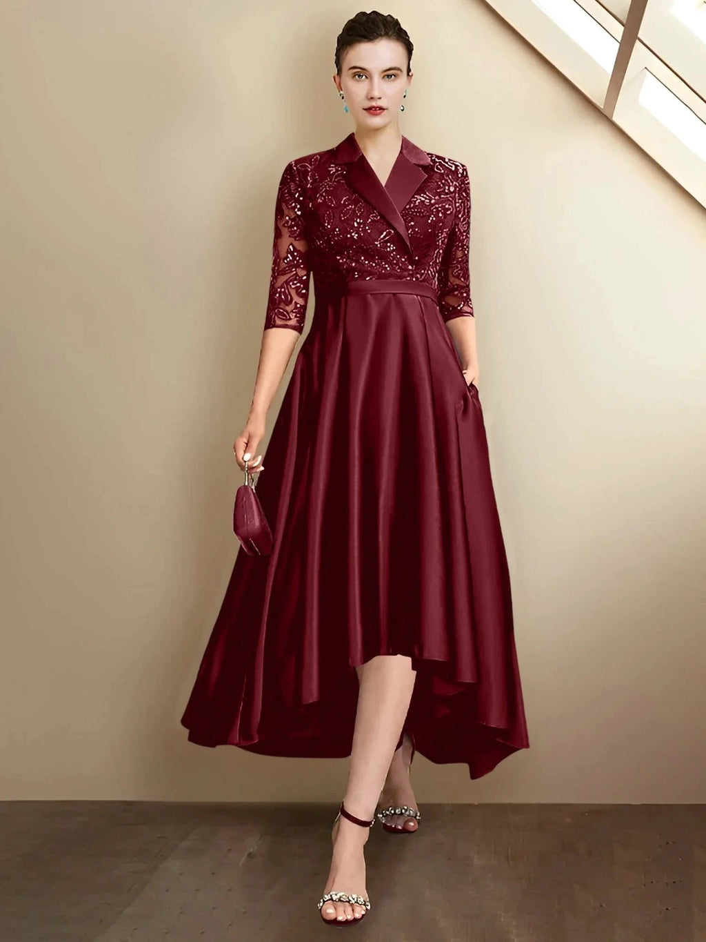 Robes de mère de la mariée à col en V, longueur thé, coupe fourreau/colonne