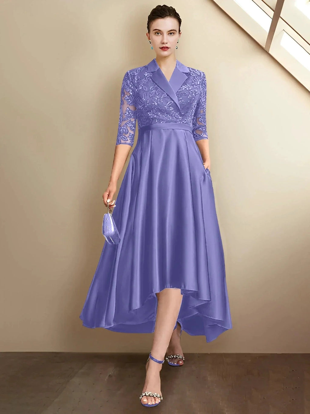 Sheath/Column V-Neck Tea-Length Mother of the Bride Dresses by Dreamylily