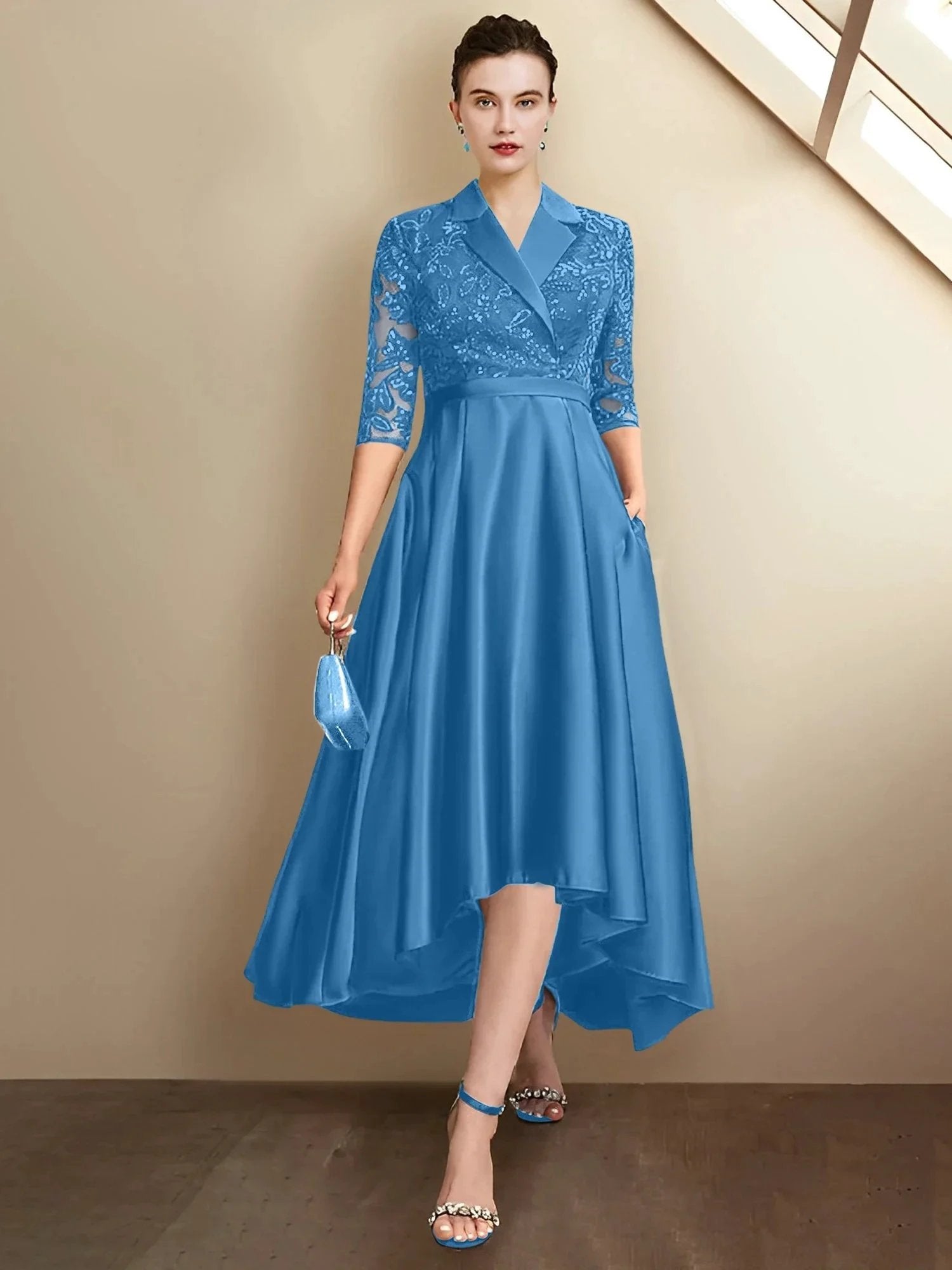 Sheath/Column V-Neck Tea-Length Mother of the Bride Dresses by Dreamylily