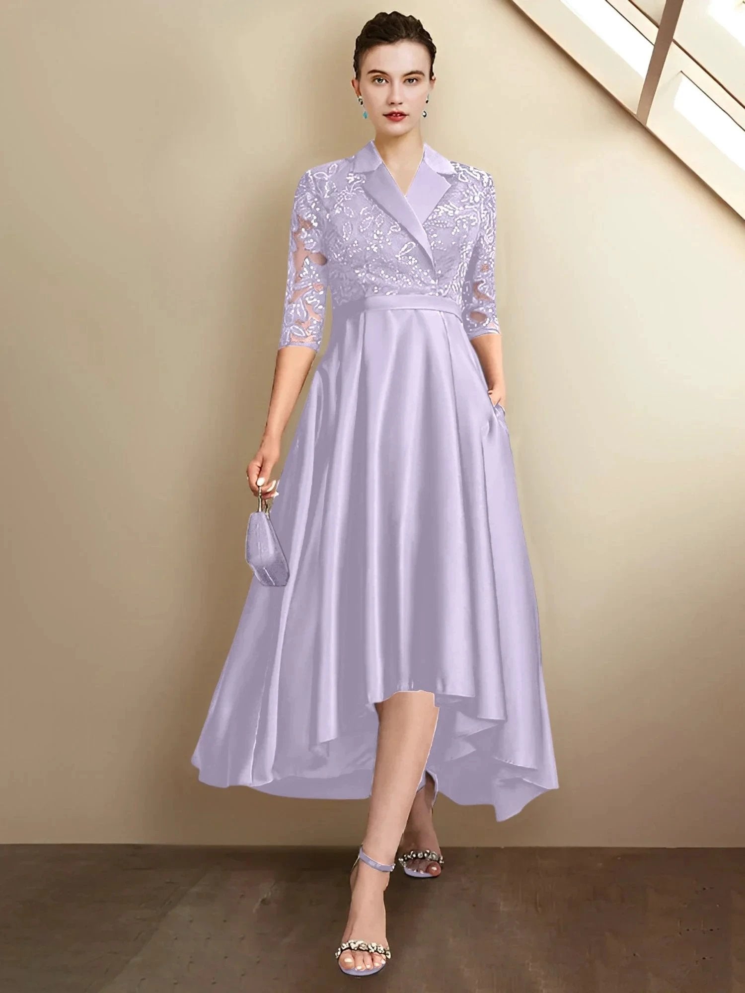 Robes de mère de la mariée à col en V, longueur thé, coupe fourreau/colonne