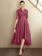 Robes de mère de la mariée à col en V, longueur thé, coupe fourreau/colonne
