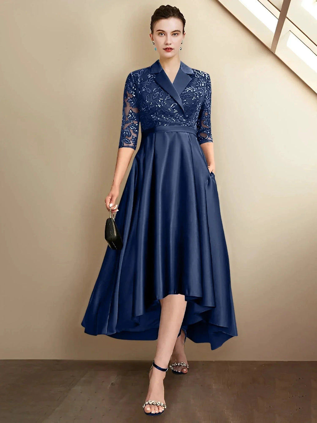 Robes de mère de la mariée à col en V, longueur thé, coupe fourreau/colonne
