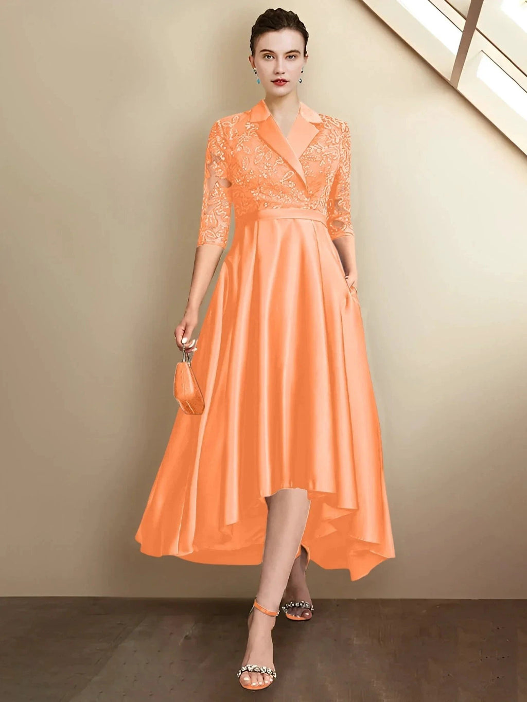 Sheath/Column V-Neck Tea-Length Mother of the Bride Dresses by Dreamylily