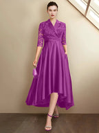 Sheath/Column V-Neck Tea-Length Mother of the Bride Dresses by Dreamylily