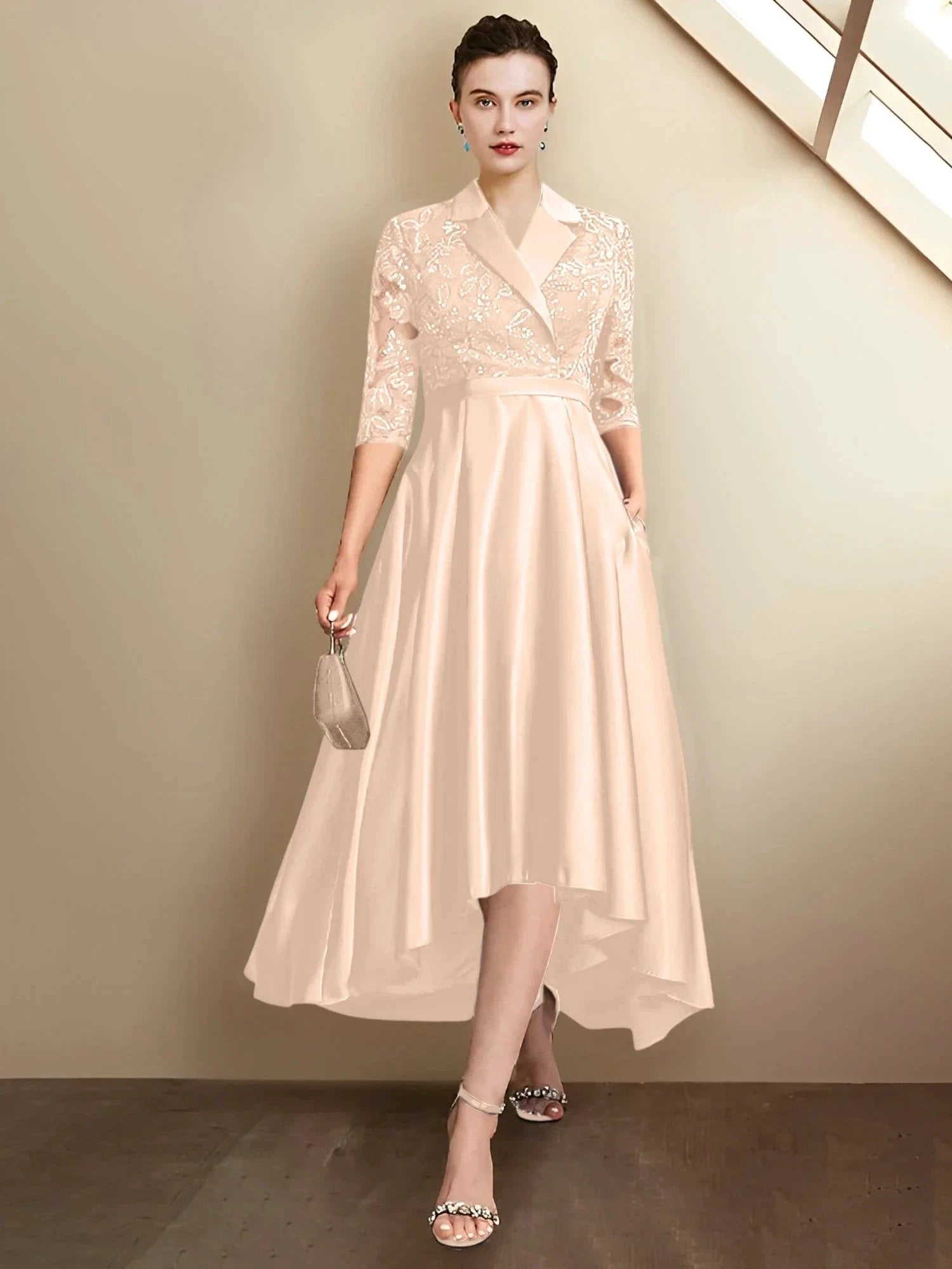 Sheath/Column V-Neck Tea-Length Mother of the Bride Dresses by Dreamylily