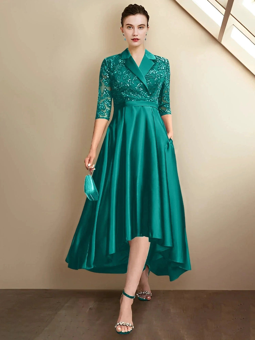 Sheath/Column V-Neck Tea-Length Mother of the Bride Dresses by Dreamylily