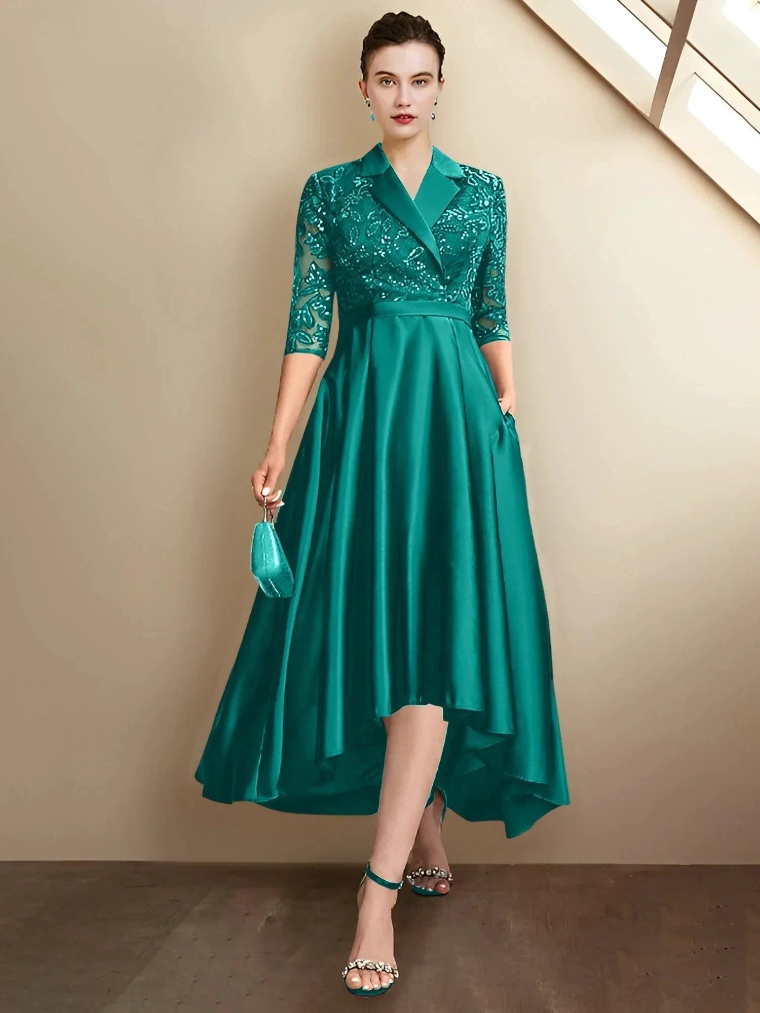 Sheath/Column V-Neck Tea-Length Mother of the Bride Dresses by Dreamylily