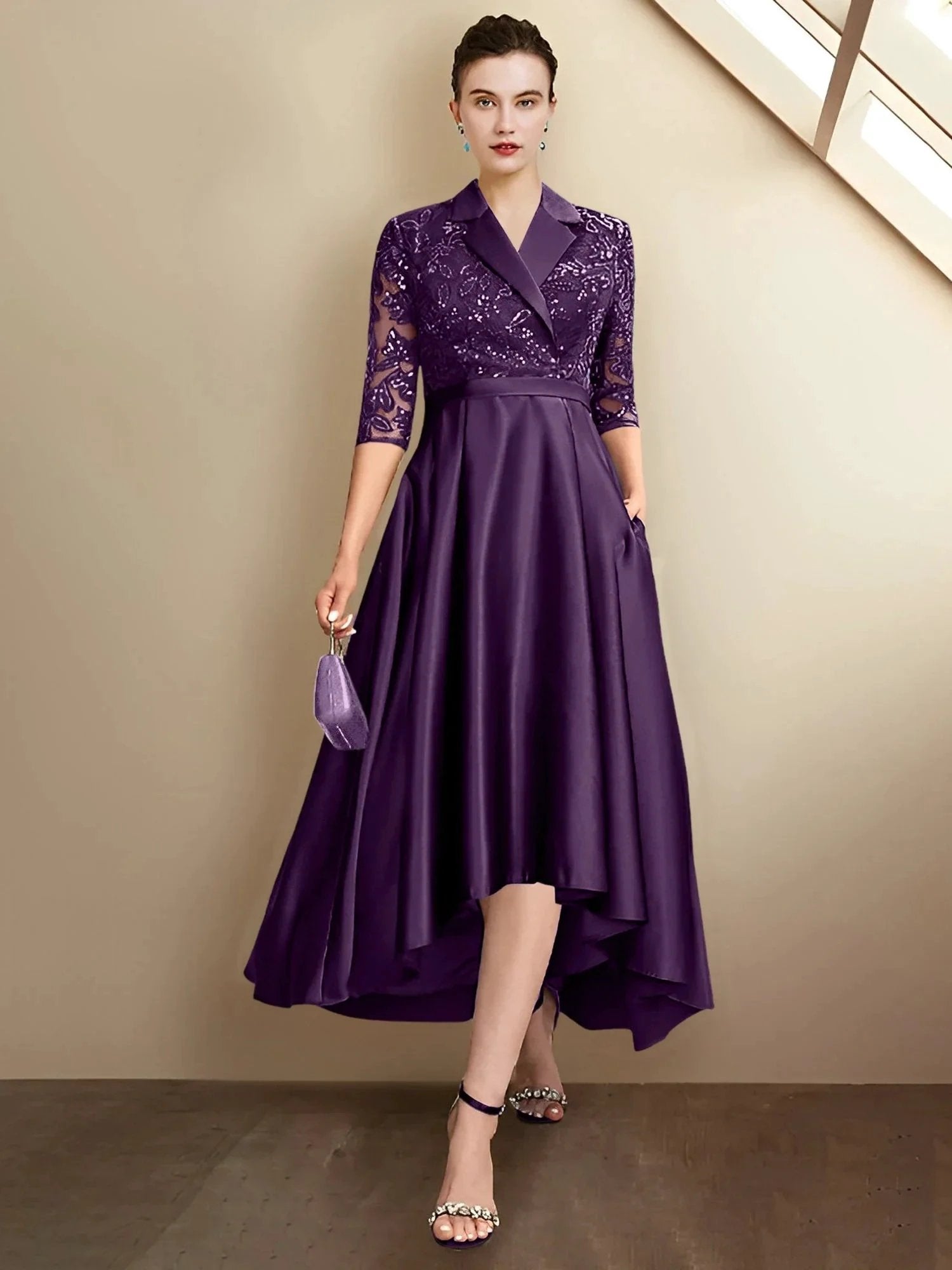 Sheath/Column V-Neck Tea-Length Mother of the Bride Dresses by Dreamylily