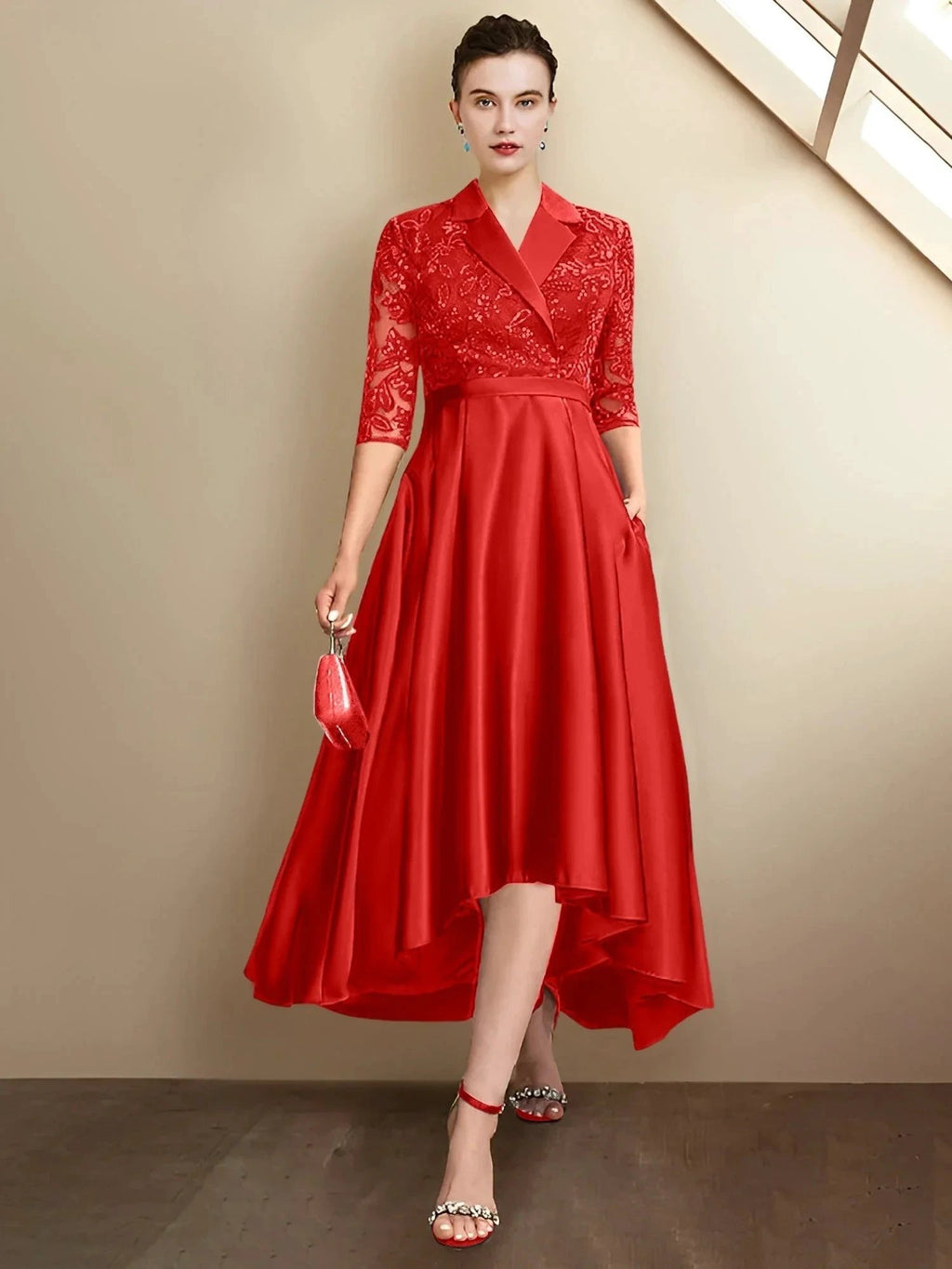 Sheath/Column V-Neck Tea-Length Mother of the Bride Dresses by Dreamylily
