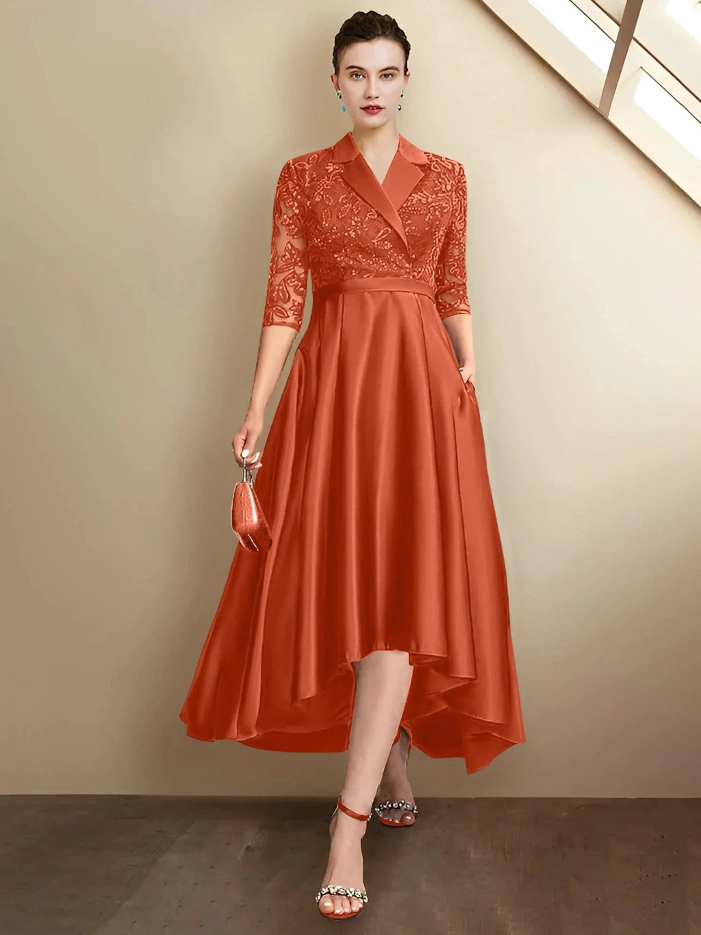 Sheath/Column V-Neck Tea-Length Mother of the Bride Dresses by Dreamylily