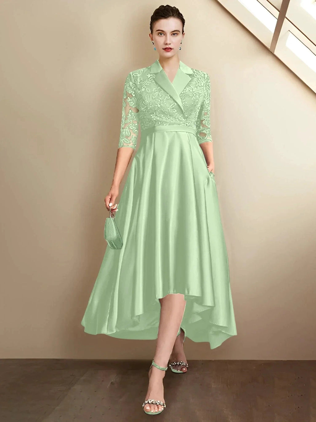 Sheath/Column V-Neck Tea-Length Mother of the Bride Dresses by Dreamylily
