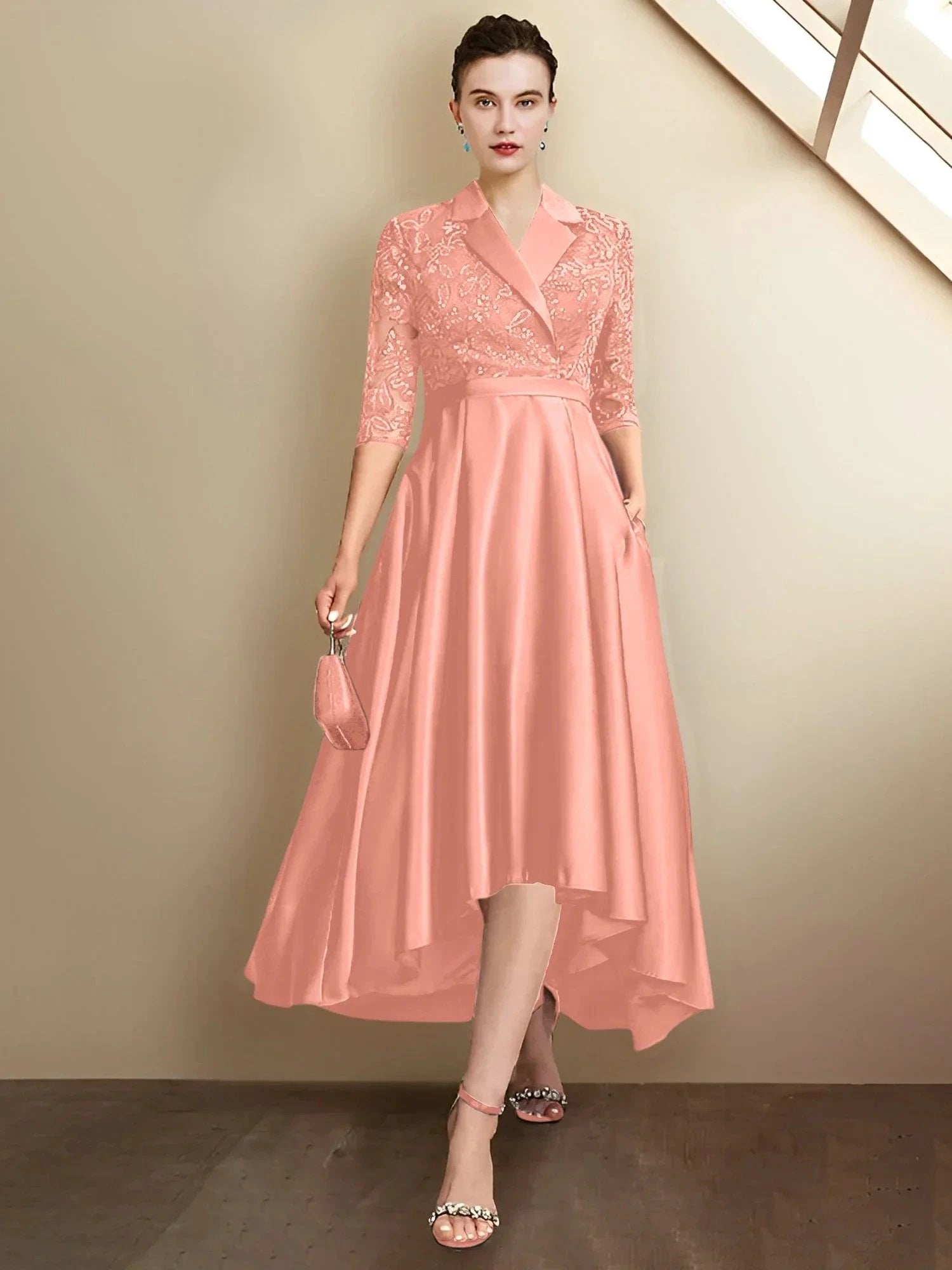 Sheath/Column V-Neck Tea-Length Mother of the Bride Dresses by Dreamylily