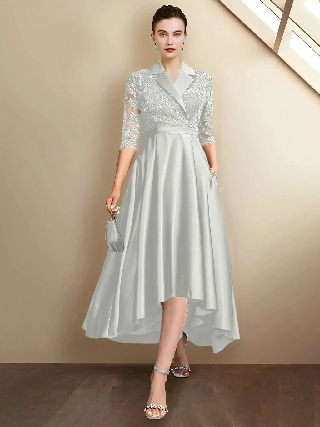 Sheath/Column V-Neck Tea-Length Mother of the Bride Dresses by Dreamylily