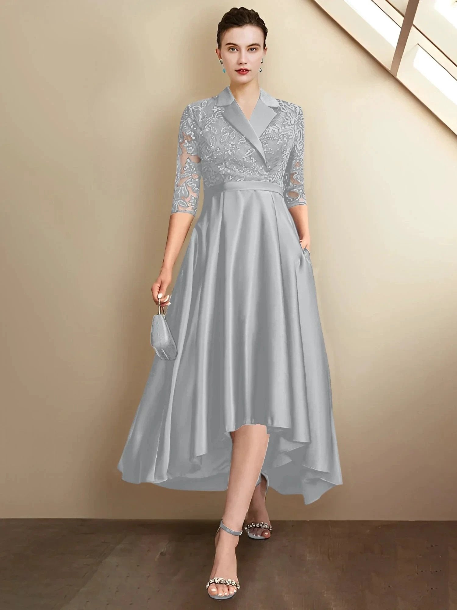 Sheath/Column V-Neck Tea-Length Mother of the Bride Dresses by Dreamylily