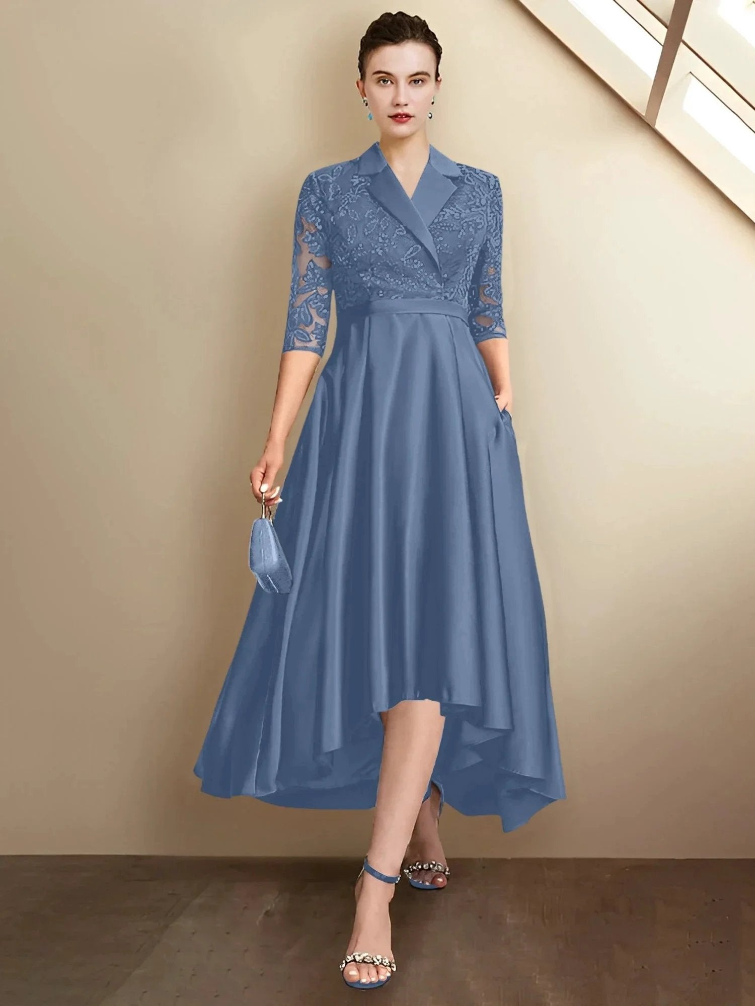 Sheath/Column V-Neck Tea-Length Mother of the Bride Dresses by Dreamylily