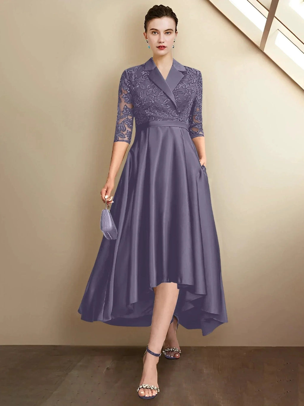 Sheath/Column V-Neck Tea-Length Mother of the Bride Dresses by Dreamylily