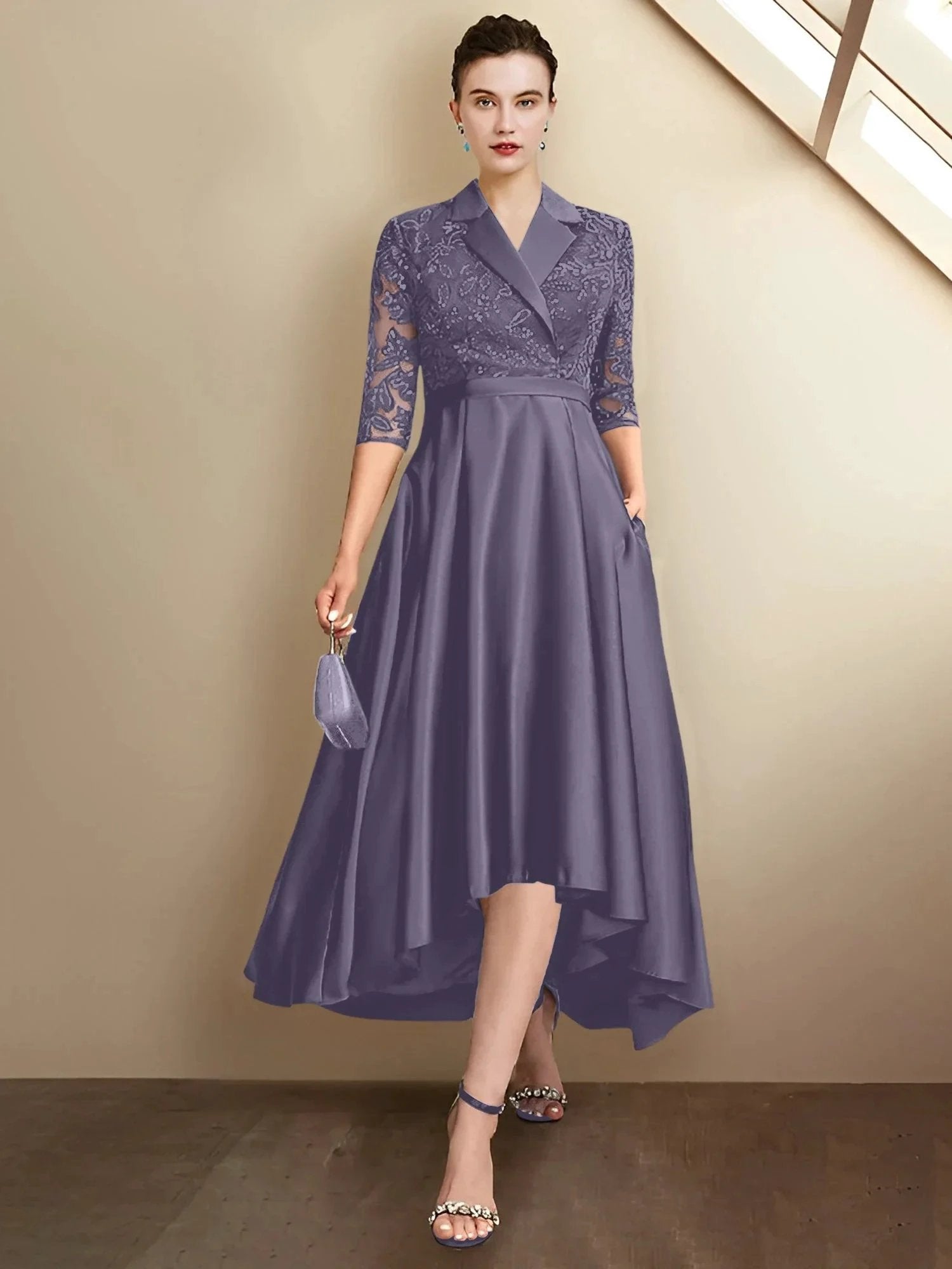 Sheath/Column V-Neck Tea-Length Mother of the Bride Dresses by Dreamylily
