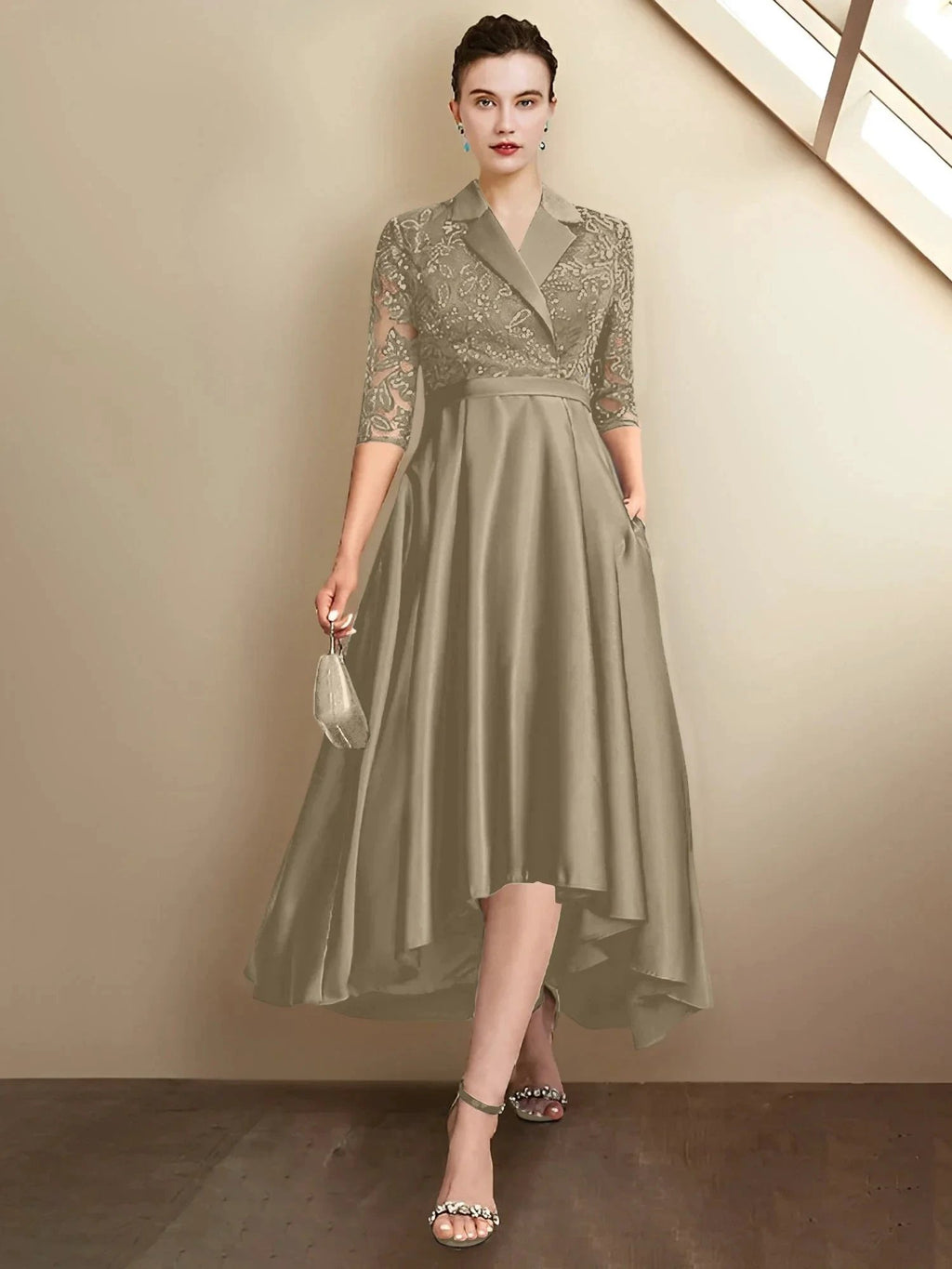 Sheath/Column V-Neck Tea-Length Mother of the Bride Dresses by Dreamylily
