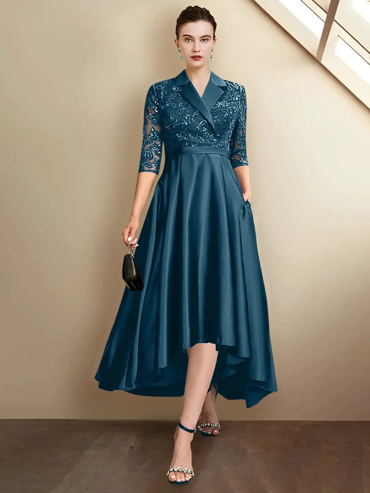 Sheath/Column V-Neck Tea-Length Mother of the Bride Dresses by Dreamylily