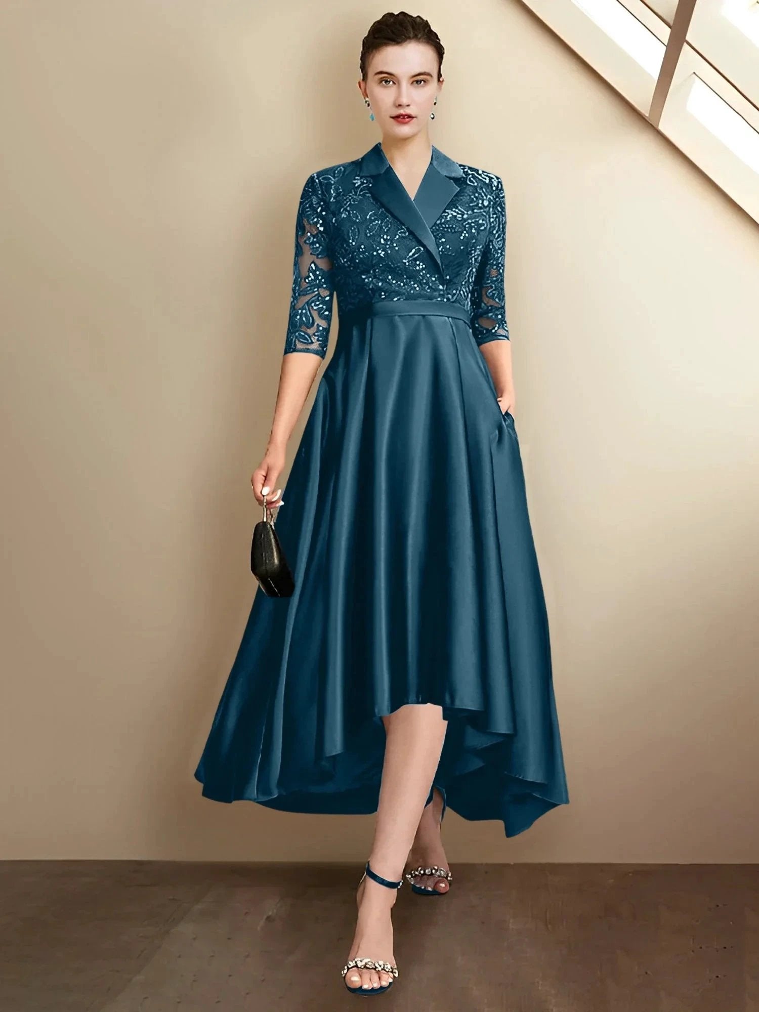 Sheath/Column V-Neck Tea-Length Mother of the Bride Dresses by Dreamylily