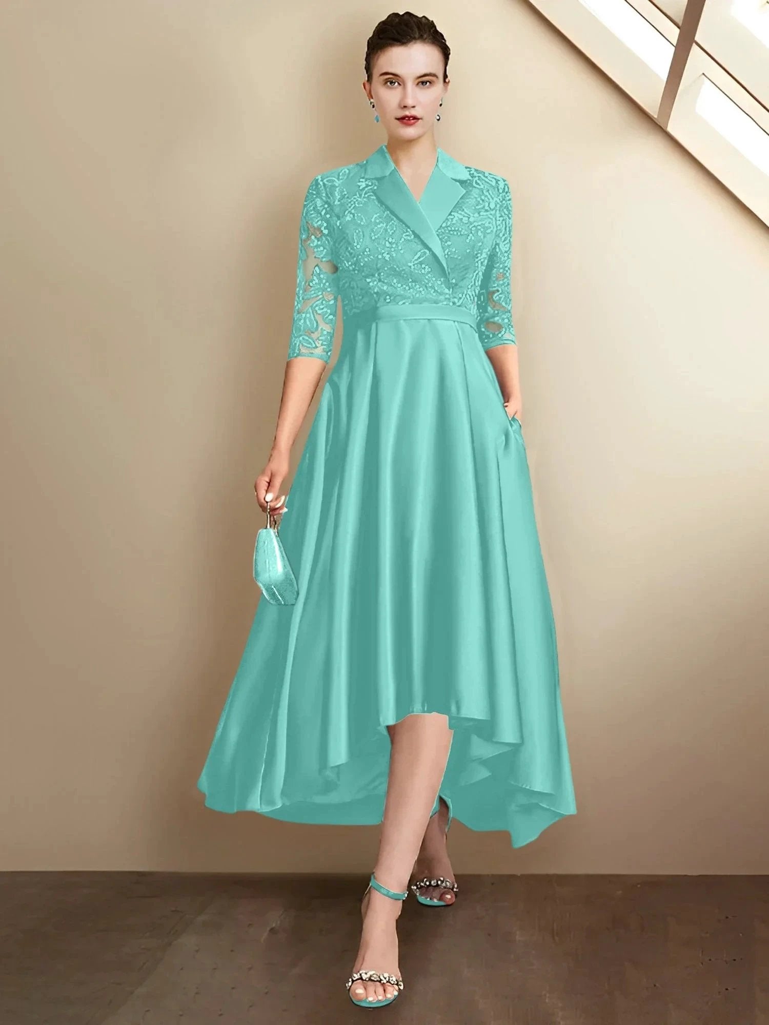 Sheath/Column V-Neck Tea-Length Mother of the Bride Dresses by Dreamylily