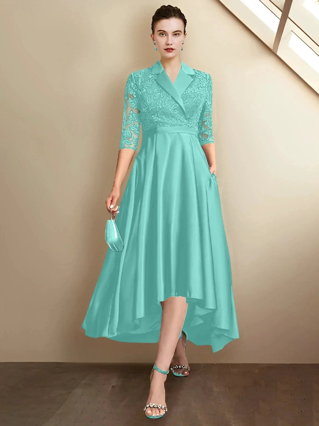 Sheath/Column V-Neck Tea-Length Mother of the Bride Dresses by Dreamylily