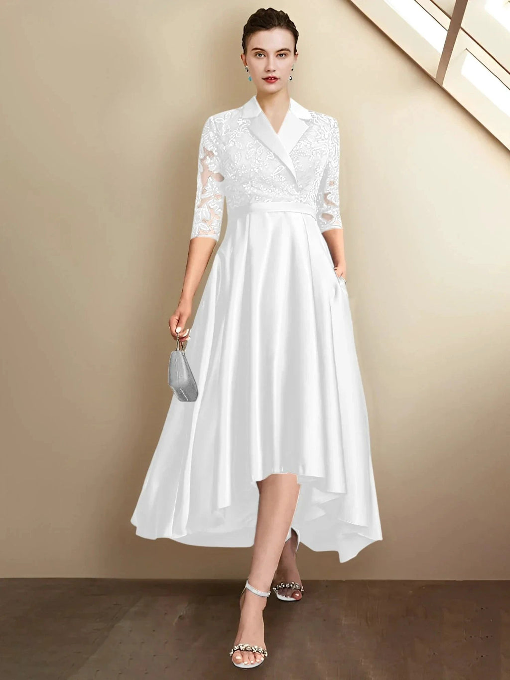 Sheath/Column V-Neck Tea-Length Mother of the Bride Dresses by Dreamylily