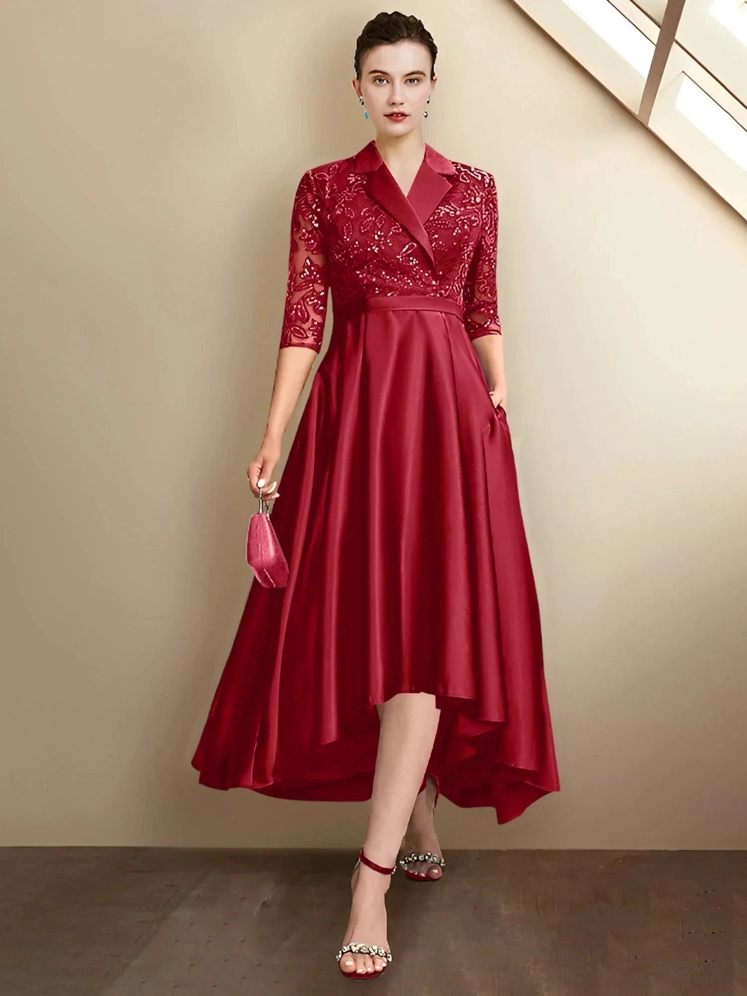 Sheath/Column V-Neck Tea-Length Mother of the Bride Dresses by Dreamylily