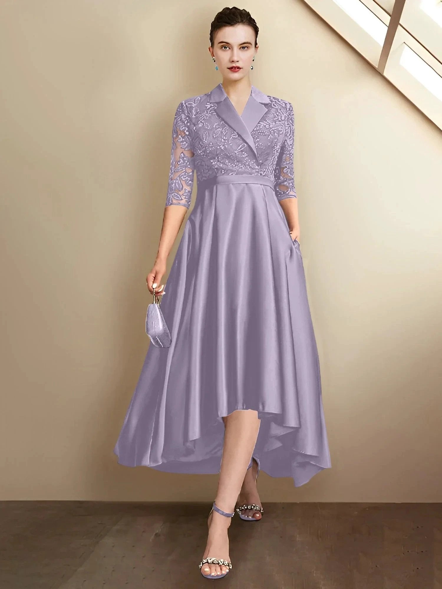 Sheath/Column V-Neck Tea-Length Mother of the Bride Dresses by Dreamylily