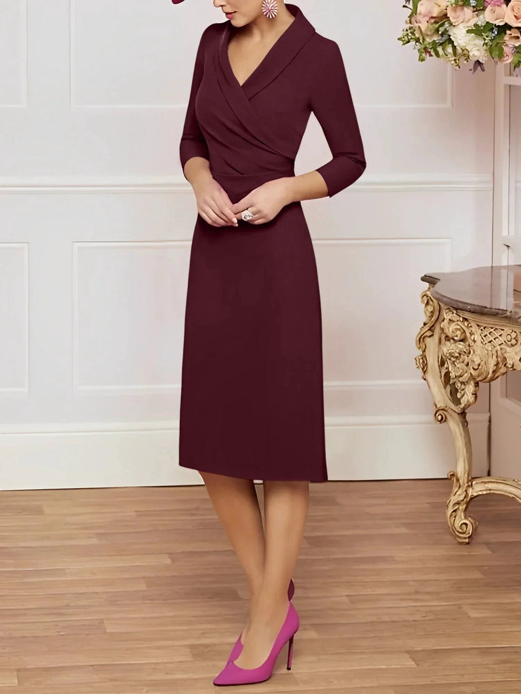 Sheath/Column V-Neck Knee-Length Mother of the Bride Dresses by Dreamylily
