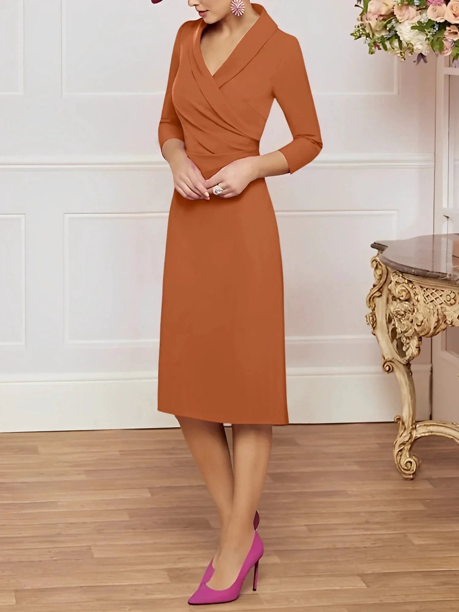 Sheath/Column V-Neck Knee-Length Mother of the Bride Dresses by Dreamylily
