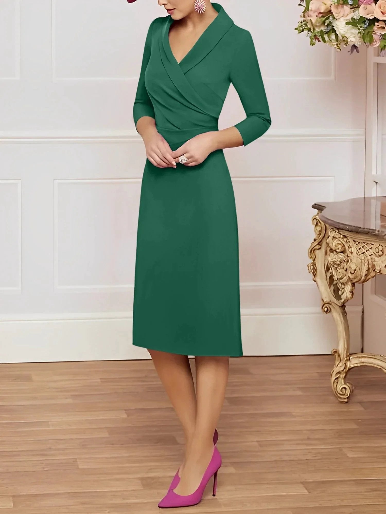 Sheath/Column V-Neck Knee-Length Mother of the Bride Dresses by Dreamylily